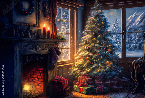 A Christmas scene in a room with a fireplace, a decorated Christmas tree, and a window with a view of the winter snow outside. A Happy New Year and Christmas Wallpaper. A Generative AI Illustration. 