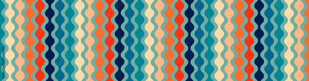 © Arlenta Apostrophe - Retro mid century modern background pattern, abstract circle striped design, old vintage colors, mid-century hippie beads hanging, vintage 50s or 60s geometric vector art in blue orange red and beige © Arlenta Apostrophe - Retro mid century modern background pattern, abstract circle striped design, old vintage colors, mid-century hippie beads hanging, vintage 50s or 60s geometric vector art in blue orange red and beige