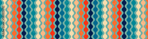 Retro mid century modern background pattern, abstract circle striped design, old vintage colors, mid-century hippie beads hanging, vintage 50s or 60s geometric vector art in blue orange red and beige