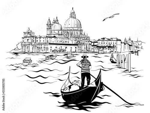 Gondolier in gondola on Grand Canal, Saint Mary of Health in background, Venice, Italy. Black and white