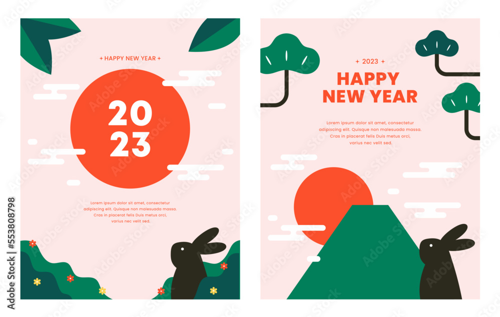 2023 Happy New Year. lunar new Year of the rabbit poster set. Minimal design templates. Season decoration, banner, flyer, cover, greeting card, Modern style. Trendy design flat vector illustration. - obrazy, fototapety, plakaty 