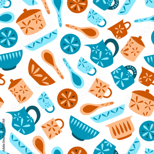 Seamless pattern with bright kitchenware. Vector illustration.