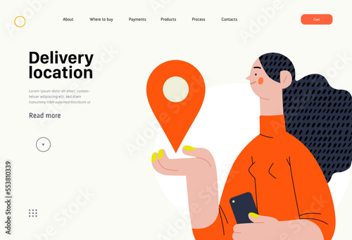 Delivery location - Online shopping and electronic commerce series - modern flat vector concept illustration of young woman holding location mark. Promotion, discounts, sale and online orders concept