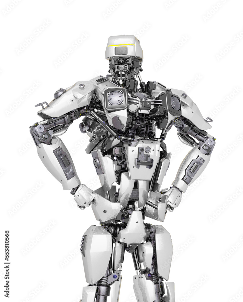 master robot is doing a super pose in white background master robot is doing a super pose in white background
