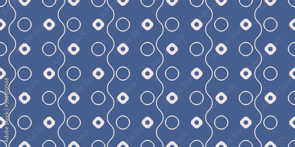 Rings, rhombuses and wavy lines. Blue background and abstract wallpaper. Vector for print seamless, pattern for stylish design of surfaces.