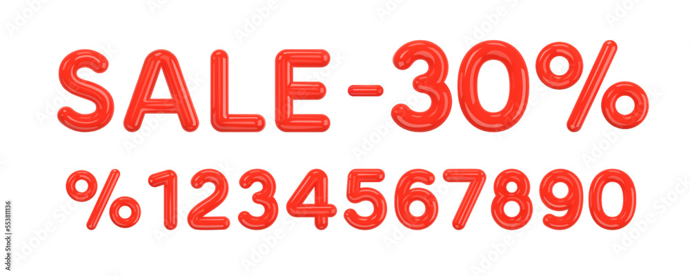 Sale off discount promotion set of realistic 3d numbers made of red shiny plastic. 30% percent discount advertising collection for your selling poster, banner ads. 3d Vector Illustration