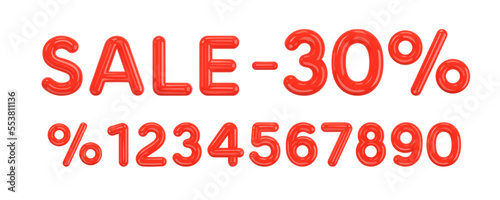 Sale off discount promotion set of realistic 3d numbers made of red shiny plastic. 30% percent discount advertising collection for your selling poster, banner ads. 3d Vector Illustration photo