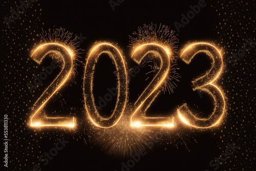 2023 Happy New Year's Sparkling Firework Text isolated on Black Background