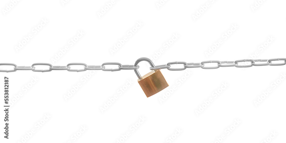 Two silver colored chains connected by a small gold colored lock isolated png with transparency Two silver colored chains connected by a small gold colored lock isolated png with transparency