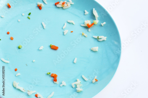 Dirty plate on white background. Top view