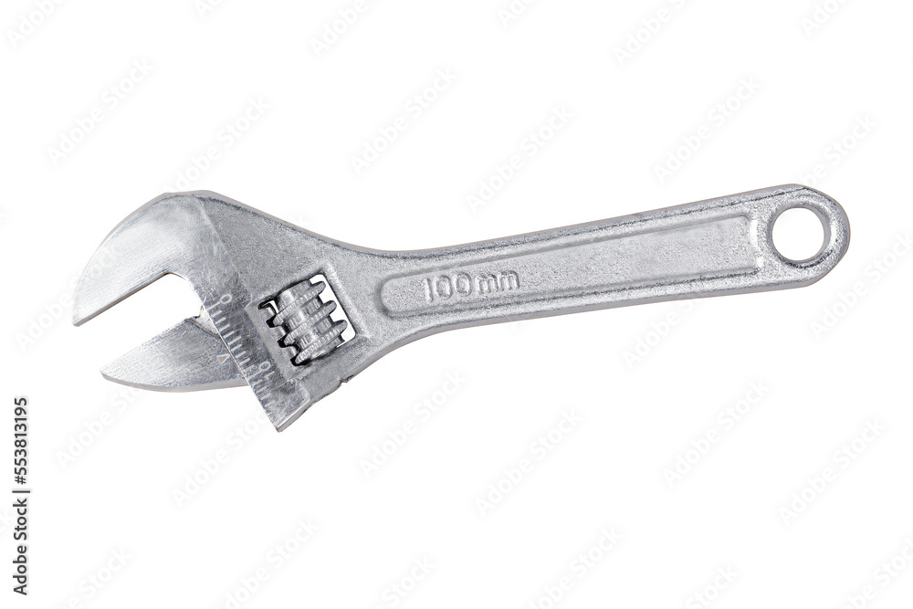 Silver large adjustable wrench. Isolated png with transparency Silver large adjustable wrench. Isolated png with transparency