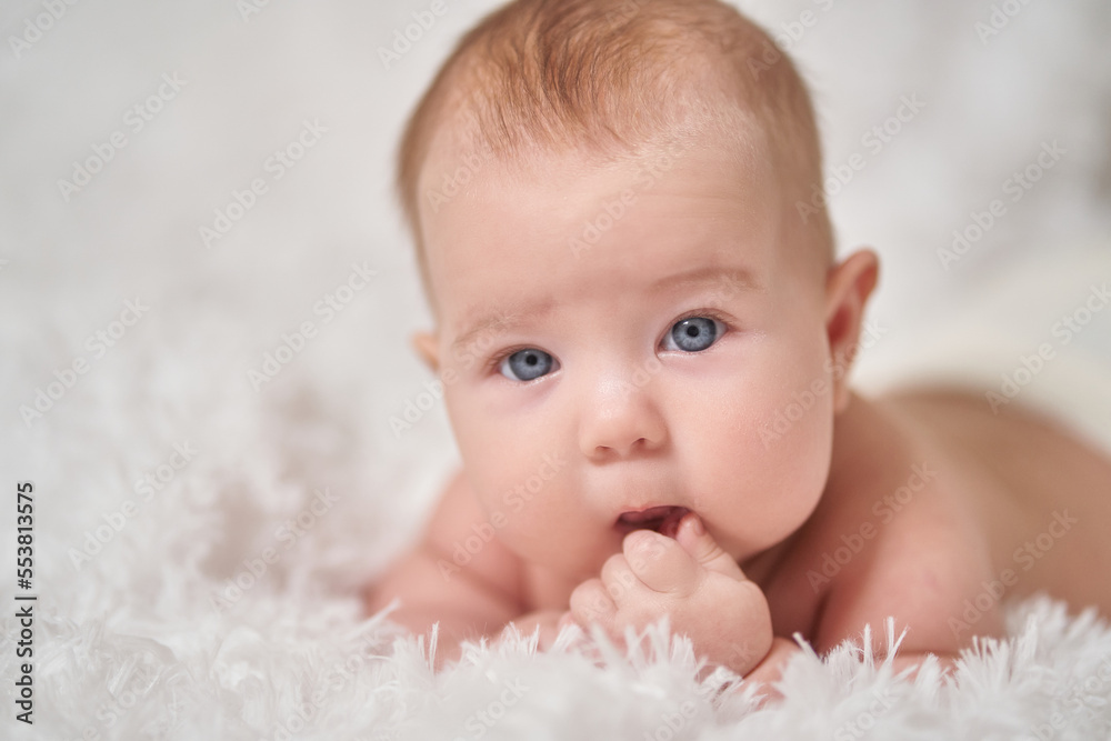portrait of an infant lying on its stomach on a soft comforter looking at the camera smiling portrait of an infant lying on its stomach on a soft comforter looking at the camera smiling