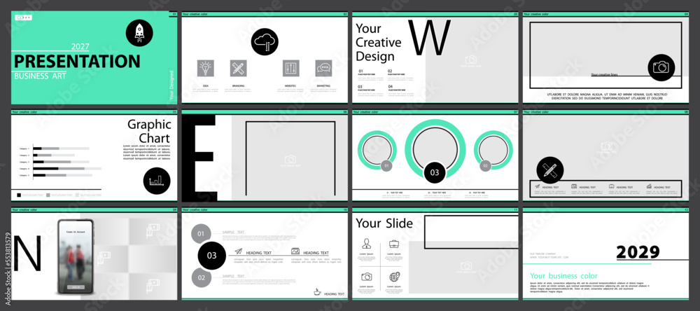 Business presentation template, powerpoint, green and black infographic elements on white background. Vector slide, business project presentation and marketing, monitor, computer, info graphic, flyers Business presentation template, powerpoint, green and black infographic elements on white background. Vector slide, business project presentation and marketing, monitor, computer, info graphic, flyers