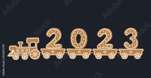Gingerbread train. Train with Christmas cookies in the form of numbers of the 2023 year. Greeting card template. Vector illustration