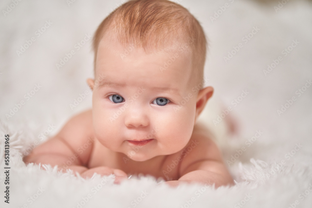 portrait of an infant looking into the camera with sly emotion on a soft blanket portrait of an infant looking into the camera with sly emotion on a soft blanket