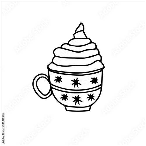 Winter hot drink. Hot chocolate or cocoa with whipped cream in doodle style. Hand drawn vector illustration. © Alena