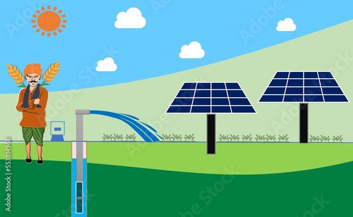 Obraz na plátně Solarisation of agriculture farm with solar water pumping system, Farmer standing near solar pump