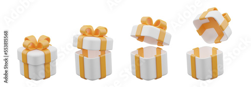 3d white present box with orange ribbon on transparent background