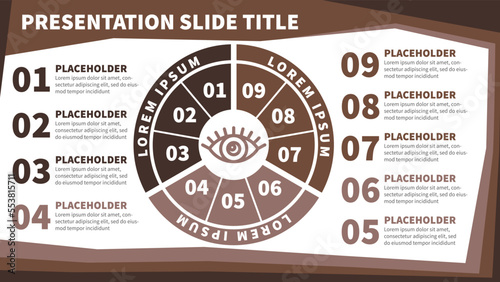 Presentation page 16:9 with round infographics in brown monochrome colors. Simple minimal modern vector slide template