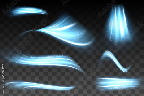 Abstract wind swirls with gold sparkles isolated. Vector realistic set of magic air vortex, light twirls with particles. Design element of fresh and clean
