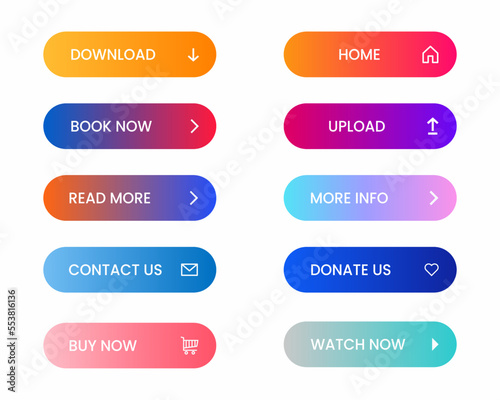 Gradient color web buttons pack for different uses, flat colorful buttons for different uses vector illustration.