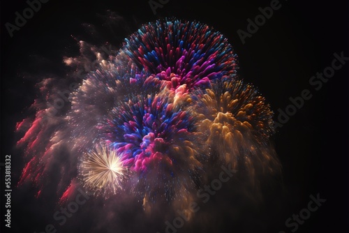 Colorful Fireworks on Black Sky, Happy New Year's Background