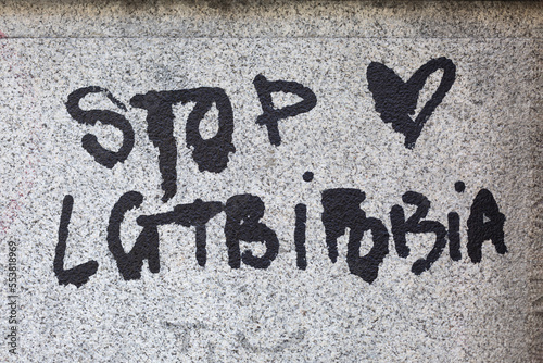Painted on wall with slogan "STOP LGTBIFOBIA". Message of support to the lgtb community.