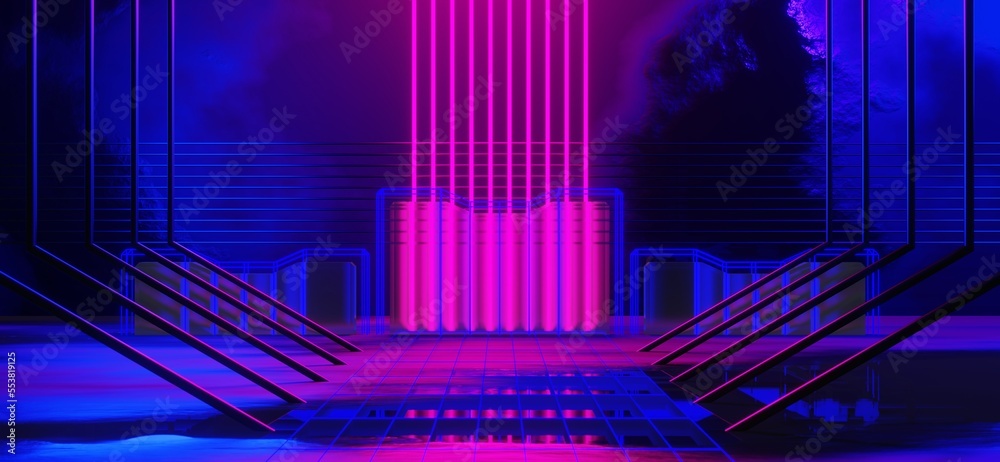 Fototapeta premium gaming background abstract wallpaper, cyberpunk style scifi game, neon glow of stage scene in pedestal room, 3d illustration rendering, esports team concept