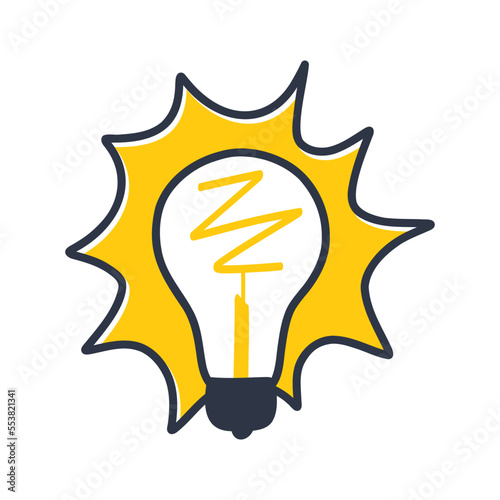 Hand drawn stylish light bulb in flash moment, idea concept.