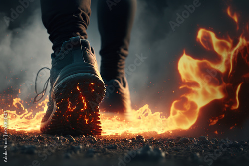 illustration of  fearless feet walking pass the fire flame on the ground 