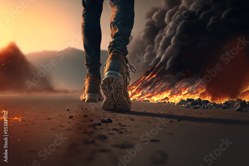 illustration of  fearless feet walking pass the fire flame on the ground  photo