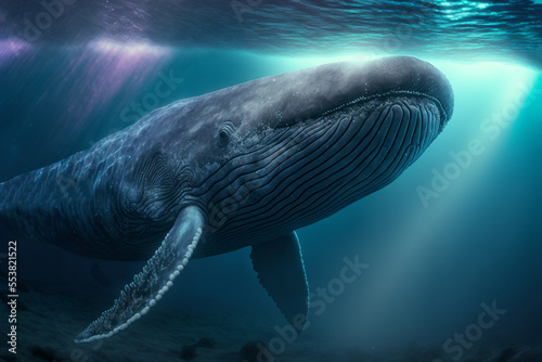 illustration of big whale under ocean with light shine through wave ripple 