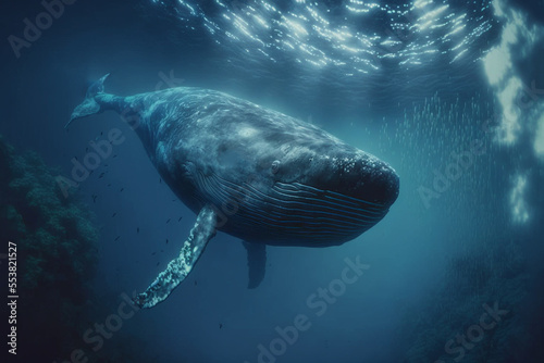 illustration of big whale under ocean with light shine through wave ripple 