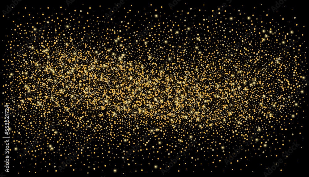 Gold glitter confetti on a black background. Shiny particles scattered, sand. Decorative element. Luxury background for your design, cards, invitations, vector