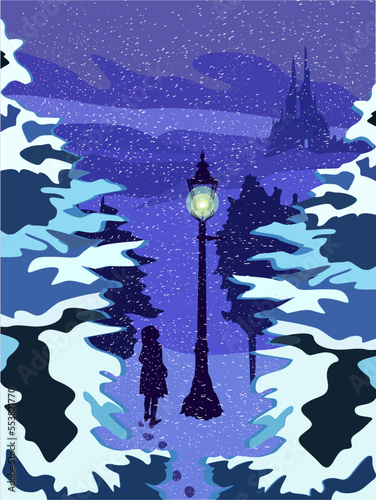 A girl looks at a lantern at night against the backdrop of a nighttime winter landscape with a castle and fir trees. photo