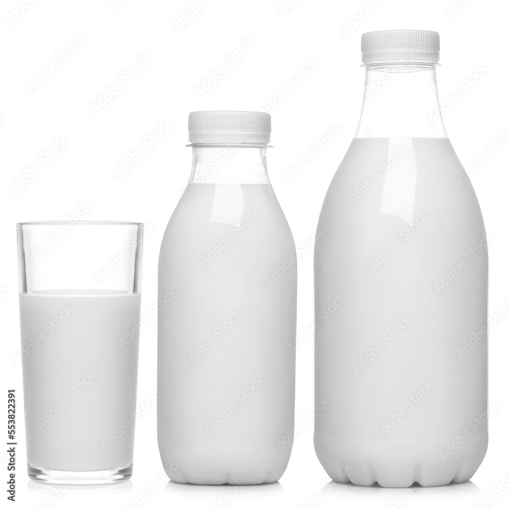 Milk bottles and glass of milk set, isolated on white background Milk bottles and glass of milk set, isolated on white background