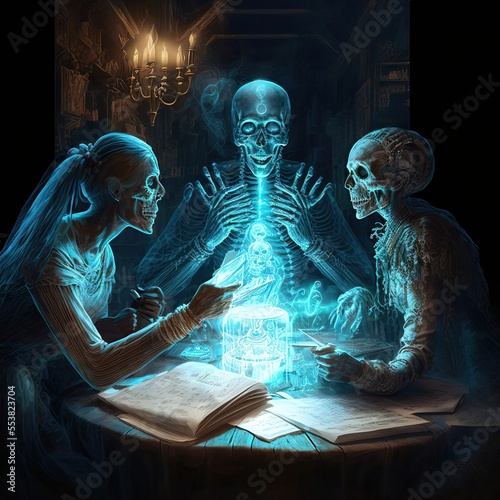 seance holded by 3 dead people digital illustration halloween horror 