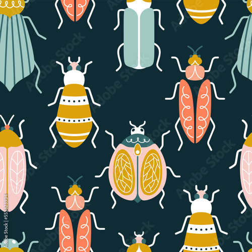 Multicolored bugs on a blue background in art deco style. Seamless vector pattern with ants