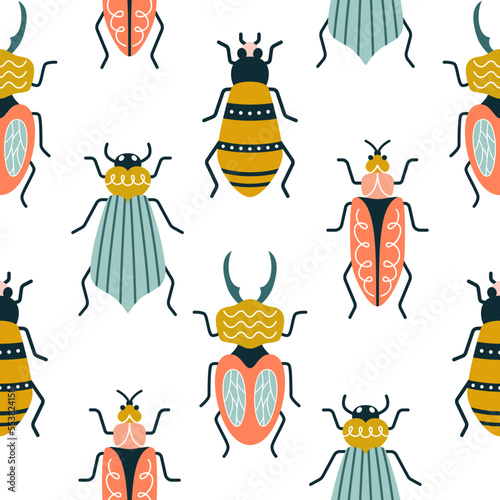 Multicolored bugs on a white background in art deco style. Seamless vector pattern with ants