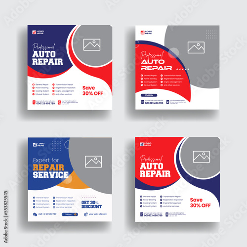 Social media ads for auto repair shop service banner pack template, car wash service, or car rental service banner set or poster suitable for a square flyer template design collection