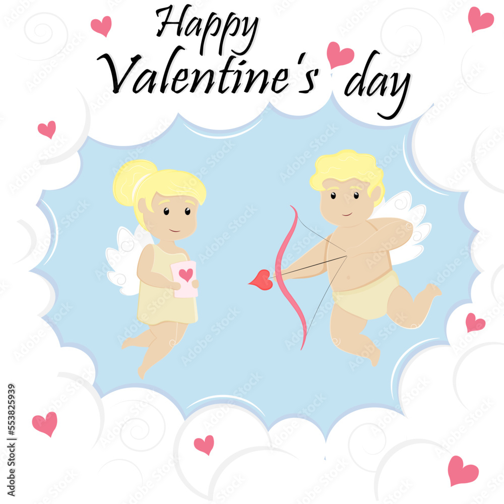 valentine's day vector card. frame of air clouds, cupid boy and girl with a card in their hands valentine's day vector card. frame of air clouds, cupid boy and girl with a card in their hands