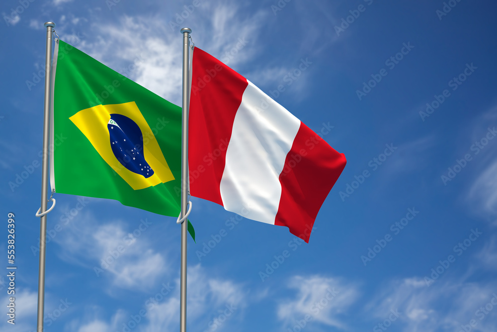 Federative Republic of Brazil and Republic of Peru Flags Over Blue Sky Background. 3D Illustration Federative Republic of Brazil and Republic of Peru Flags Over Blue Sky Background. 3D Illustration