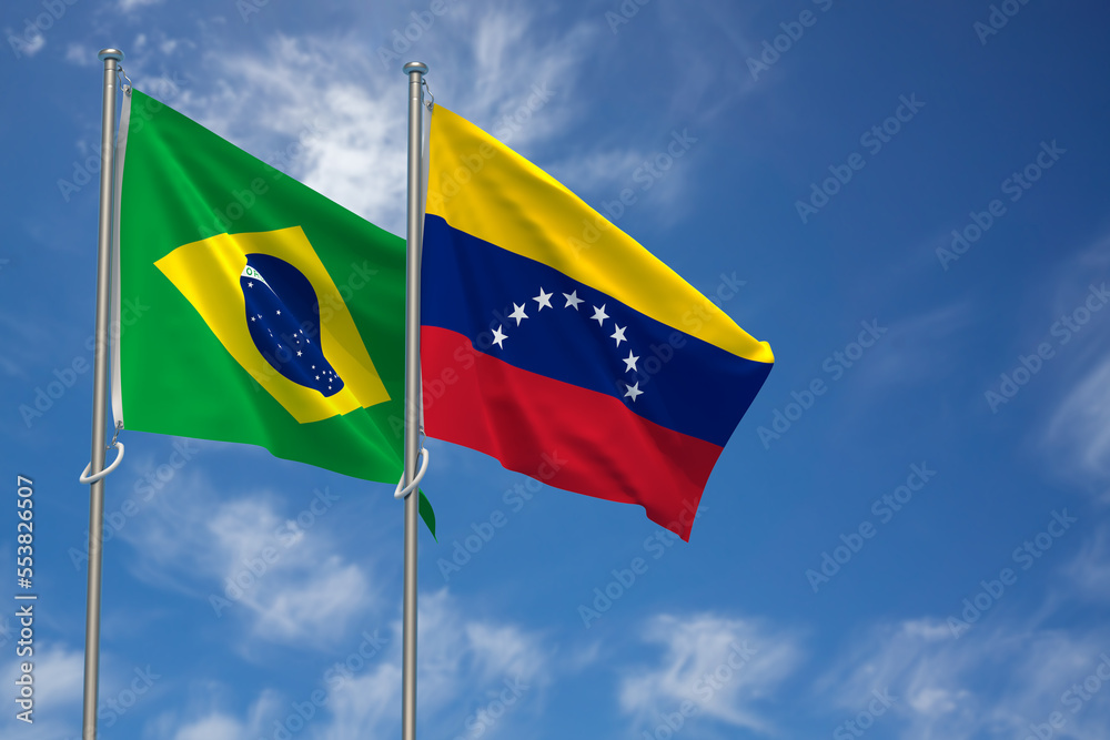 Federative Republic of Brazil and Bolivarian Republic of Venezuela Flags Over Blue Sky Background. 3D Illustration Federative Republic of Brazil and Bolivarian Republic of Venezuela Flags Over Blue Sky Background. 3D Illustration