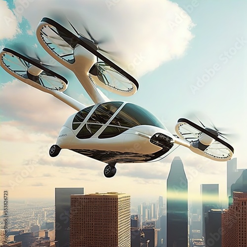 Flying car of the future. Autonomously piloted robo-taxi.	 photo