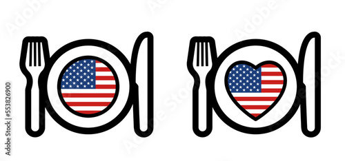 Cartoon plate, fork and knife for american dish. Heart plate in and VS, America flag colors. Kitchen cook or cooking symbol and USA flag. Vector restaurant, menu logo or icon. School, work cuisine. 