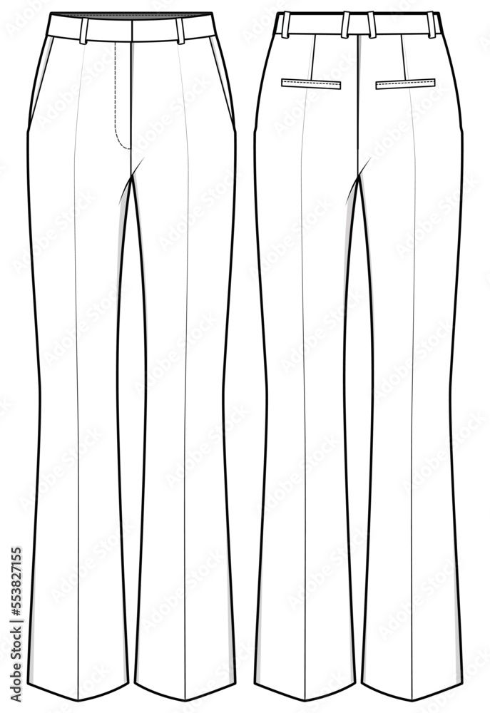 Women's Boot cut flare pants trouser flat sketch fashion illustration ...