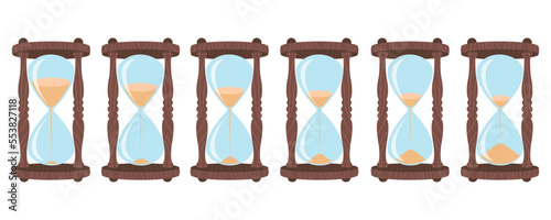 Set of vintage wooden hourglasses in flat style. Vector illustration of an hourglass with different levels of sand inside to measure time on a white background.