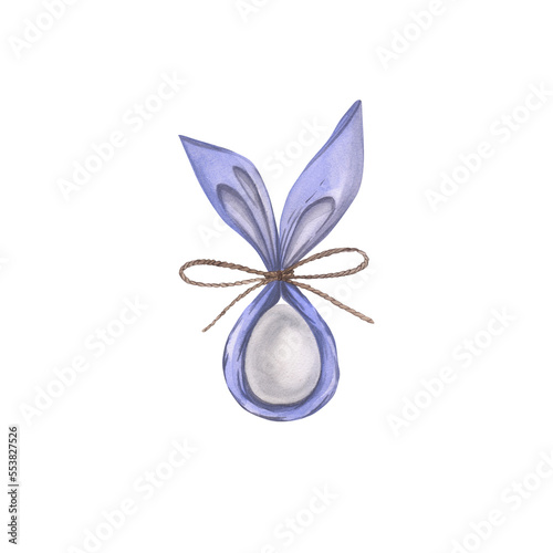 Happy Easter egg in a bleu napkin. Hand drawn watercolor illustration, isolated on white background. Design for postcard, card, invitations and your design.