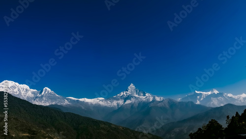 Panaromic View of Annapurna Range (Fishtail (Machapuchare) , Dhaulagiri, Lamjung Himal, Hiunchuli, Annapurna III, Annapurna South) from Pothana, Dhampus, Nepal.