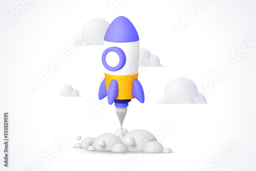 3d rocket launch project realistic Flying space rocket render vector. 3d rocket launch into space white background vector illustration icon design element style minimal spaceship icon